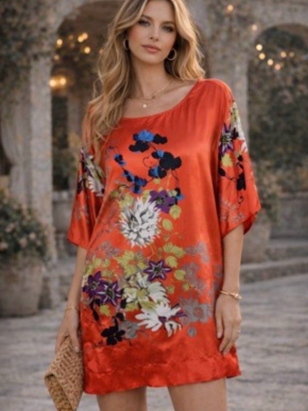 Soft Surroundings Silky Coral Floral Kimono Style Tunic Oversized Medium